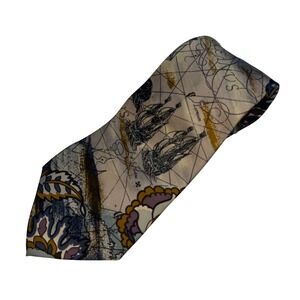 John Henry Men's Silk Tie Nautical Map Tall Ship Sailing Vintage Tan Blue Gold